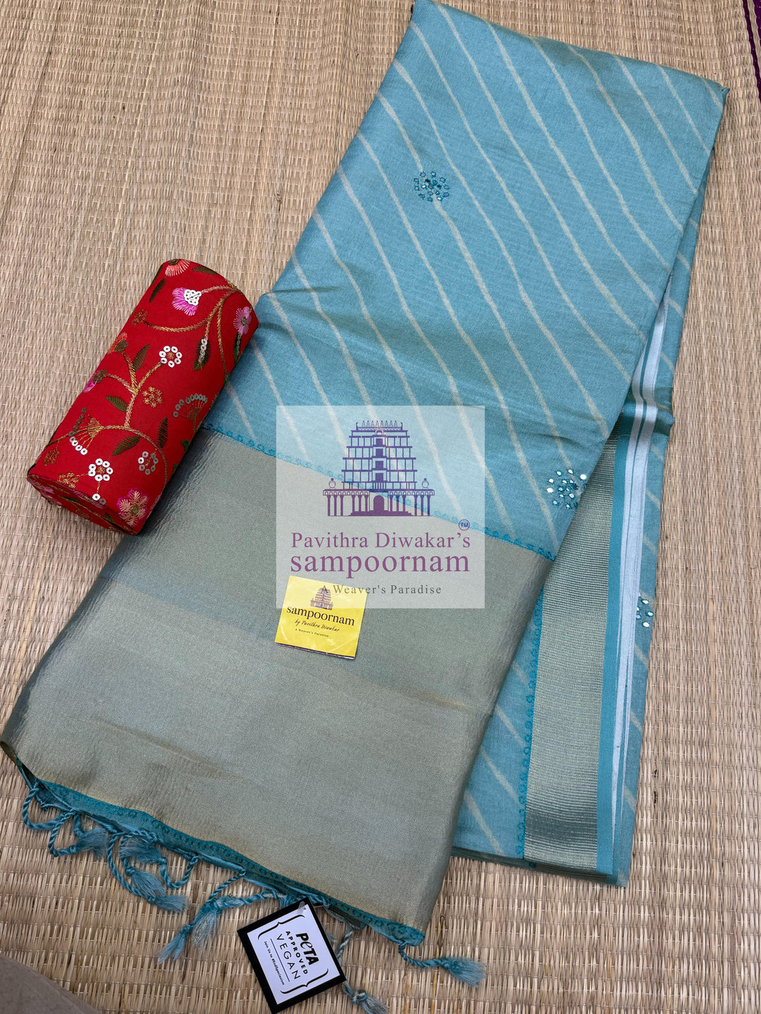 Turquoise Blue with Lehariya prints and small embroided mirror work in the body and border, tissue borders and pallu, VEGAN Saree