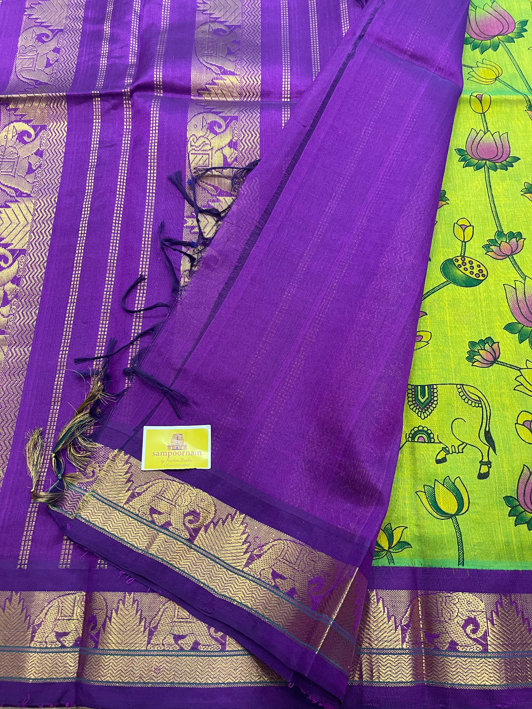 Green with Purple Pichwai Printed Korvai Silk Cotton Saree