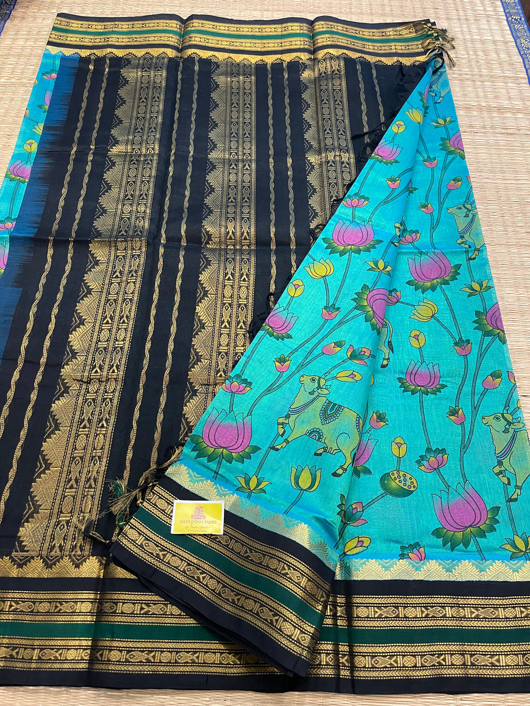 Ramar Blue with Black Pichwai Printed Korvai Silk Cotton Saree