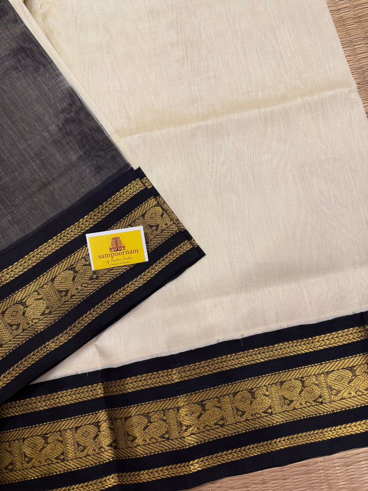 White with Black , traditional Kanchi borders  and rich Pallu  Korvai Silk Cotton Saree