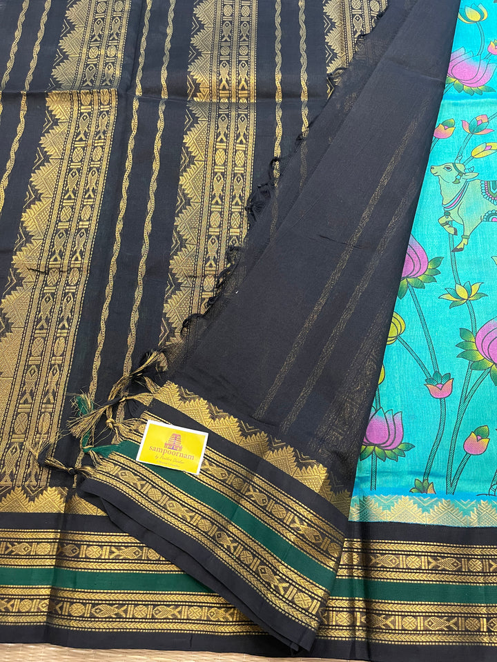 Ramar Blue with Black Pichwai Printed Korvai Silk Cotton Saree