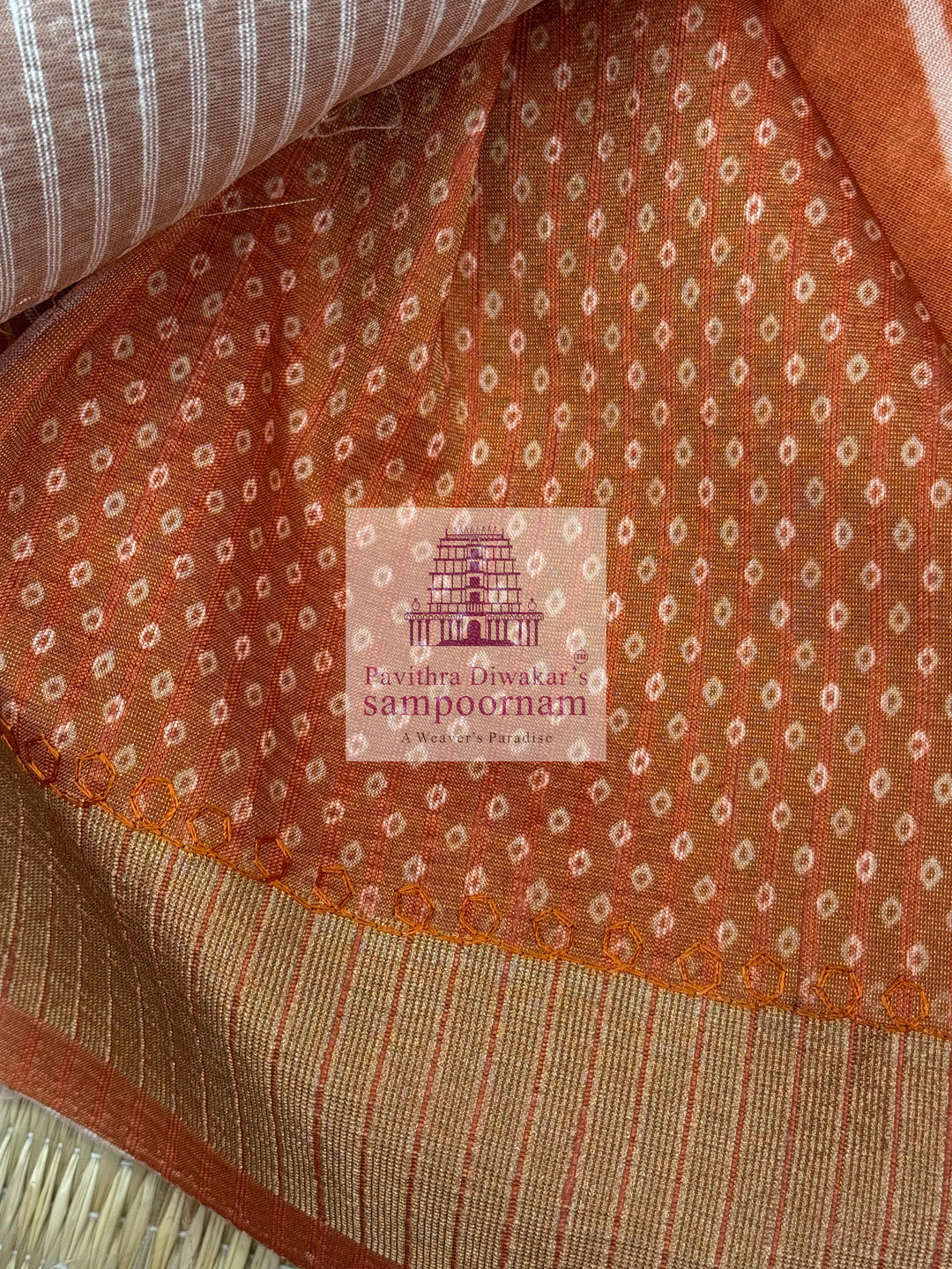 Rust Orange Deep Red with Lehariya prints and small embroided mirror work in the body and border, tissue borders and pallu, VEGAN Saree