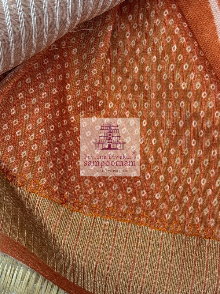 Rust Orange Deep Red with Lehariya prints and small embroided mirror work in the body and border, tissue borders and pallu, VEGAN Saree