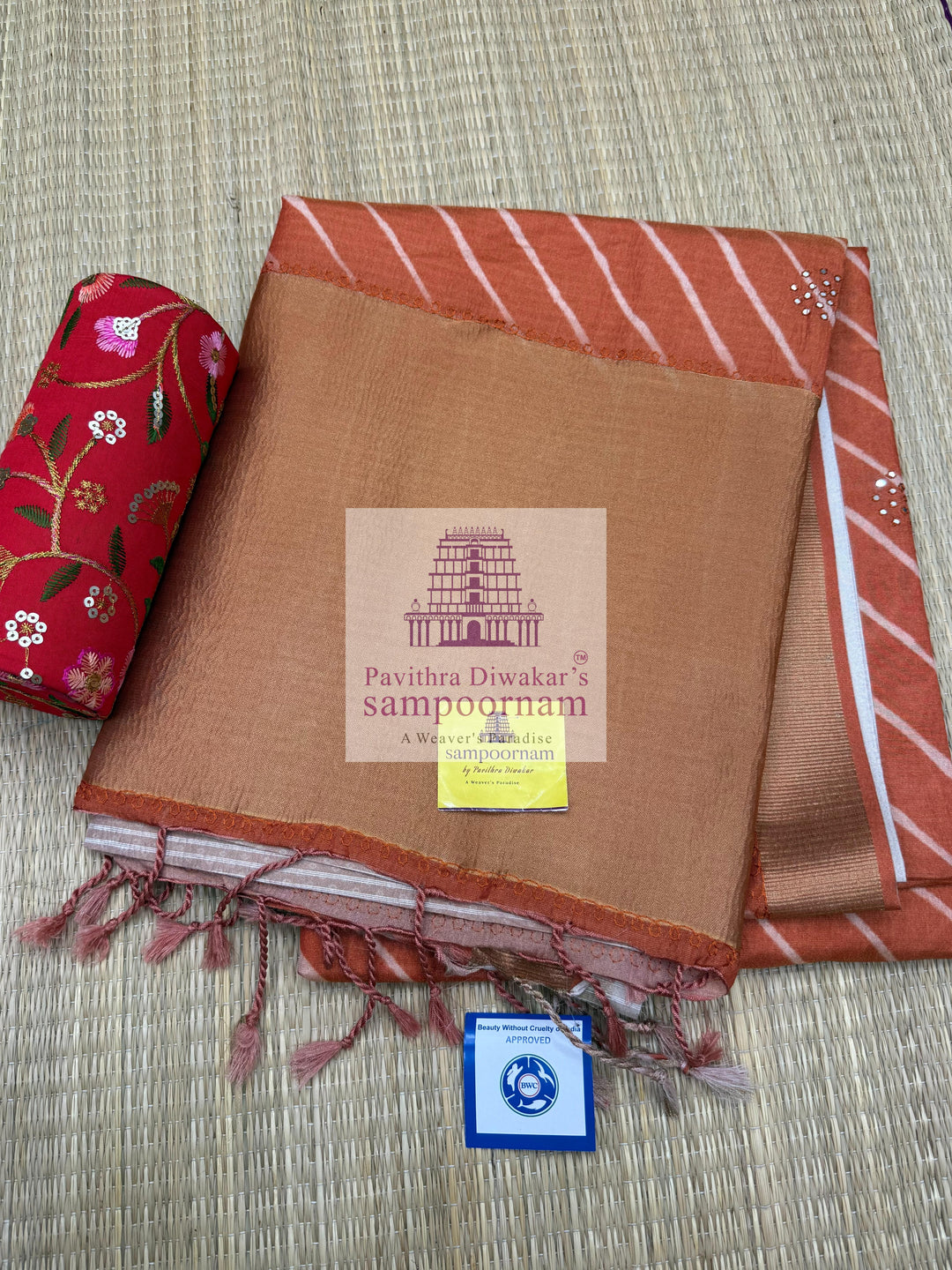 Rust Orange Deep Red with Lehariya prints and small embroided mirror work in the body and border, tissue borders and pallu, VEGAN Saree