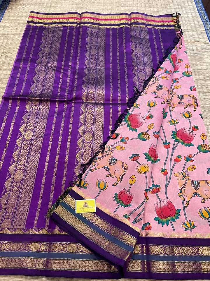 Onion Pink with Purple Ganga Jamuna Border Pichwai Printed Korvai Silk Cotton Saree