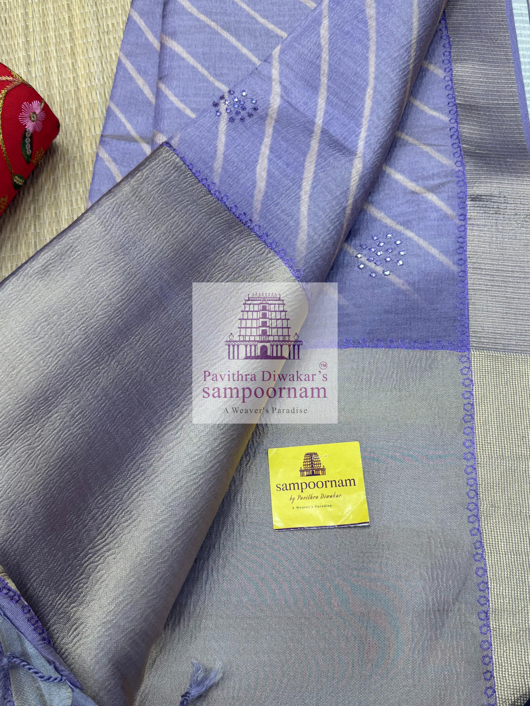 Lilac with Lehariya prints and small embroided mirror work in the body and border, tissue borders and pallu, VEGAN Saree