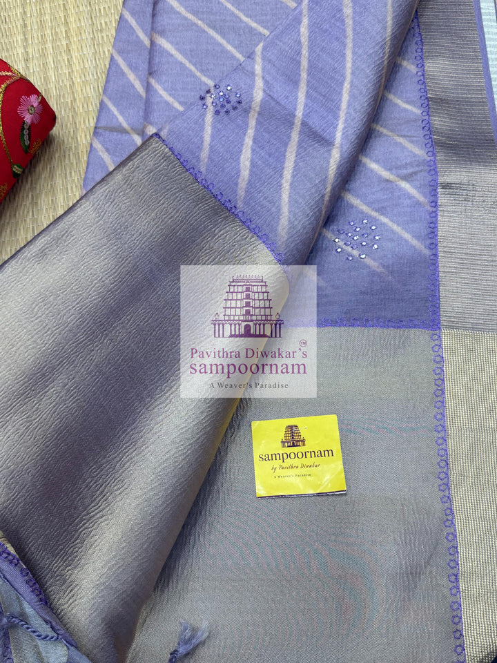 Lilac with Lehariya prints and small embroided mirror work in the body and border, tissue borders and pallu, VEGAN Saree