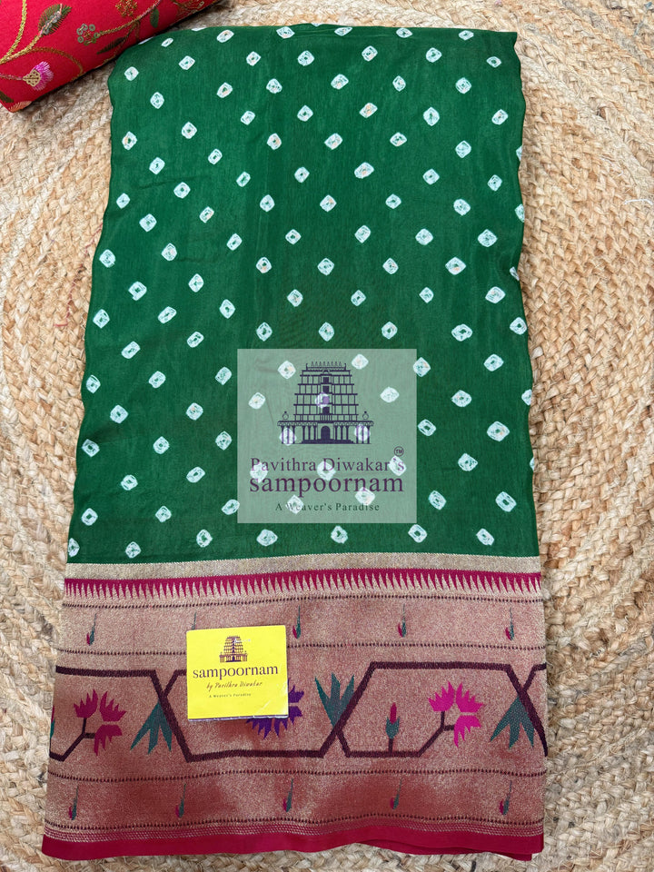 Green with Red , Bandhini prints in the body , with Paithani rich Zari borders and Pallu , plain Red blouse , Pure Vegan Silk Saree