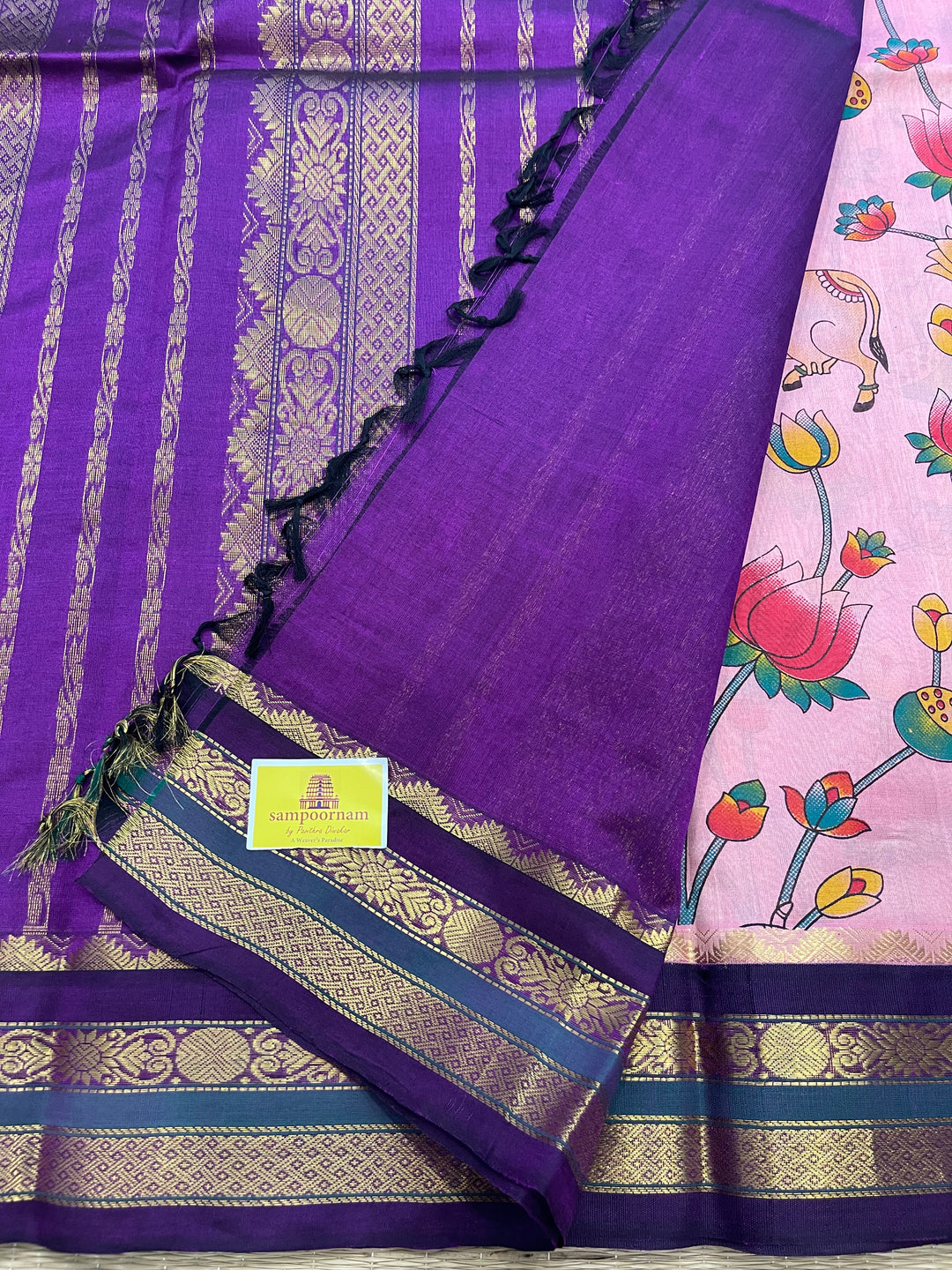 Onion Pink with Purple Ganga Jamuna Border Pichwai Printed Korvai Silk Cotton Saree