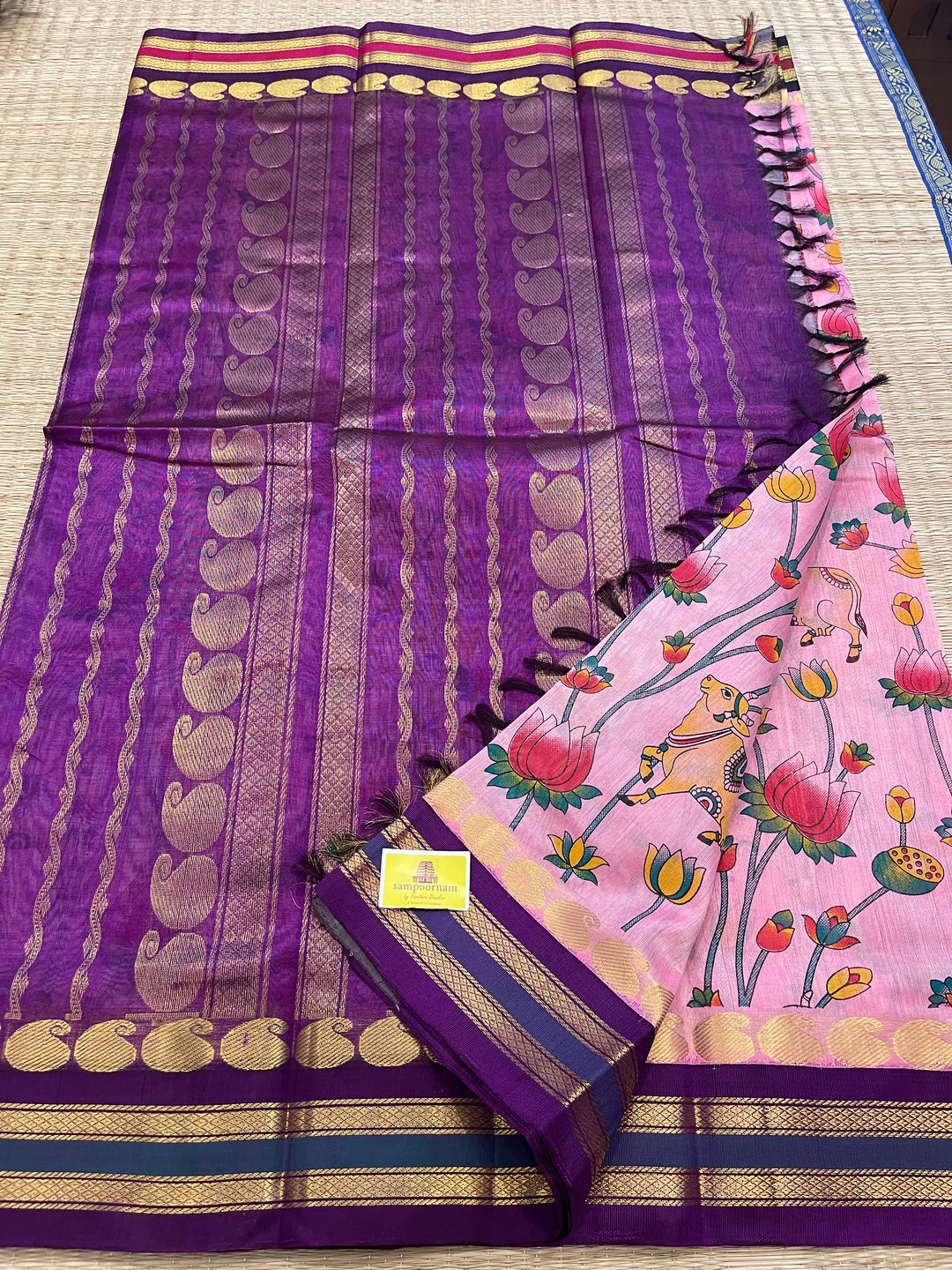 Onion Pink with Purple Ganga Jamuna Border Pichwai Printed Korvai Silk Cotton Saree