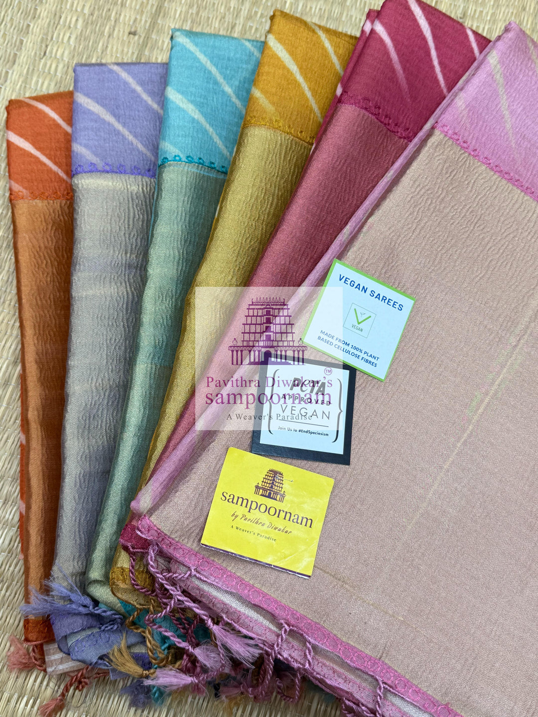 Lilac with Lehariya prints and small embroided mirror work in the body and border, tissue borders and pallu, VEGAN Saree