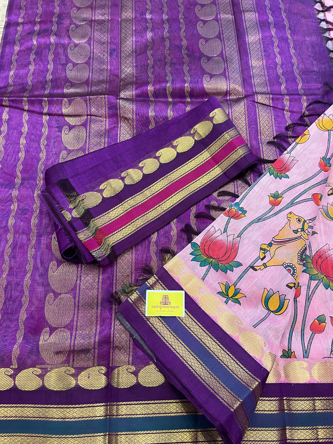 Onion Pink with Purple Ganga Jamuna Border Pichwai Printed Korvai Silk Cotton Saree