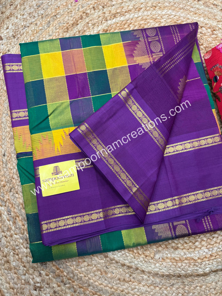 Green , Magenta , Manjal with Magenta , Pallum Pazham Checks  , Temple design  rettapet borders and rich Pallu  Korvai Silk Cotton Sarees