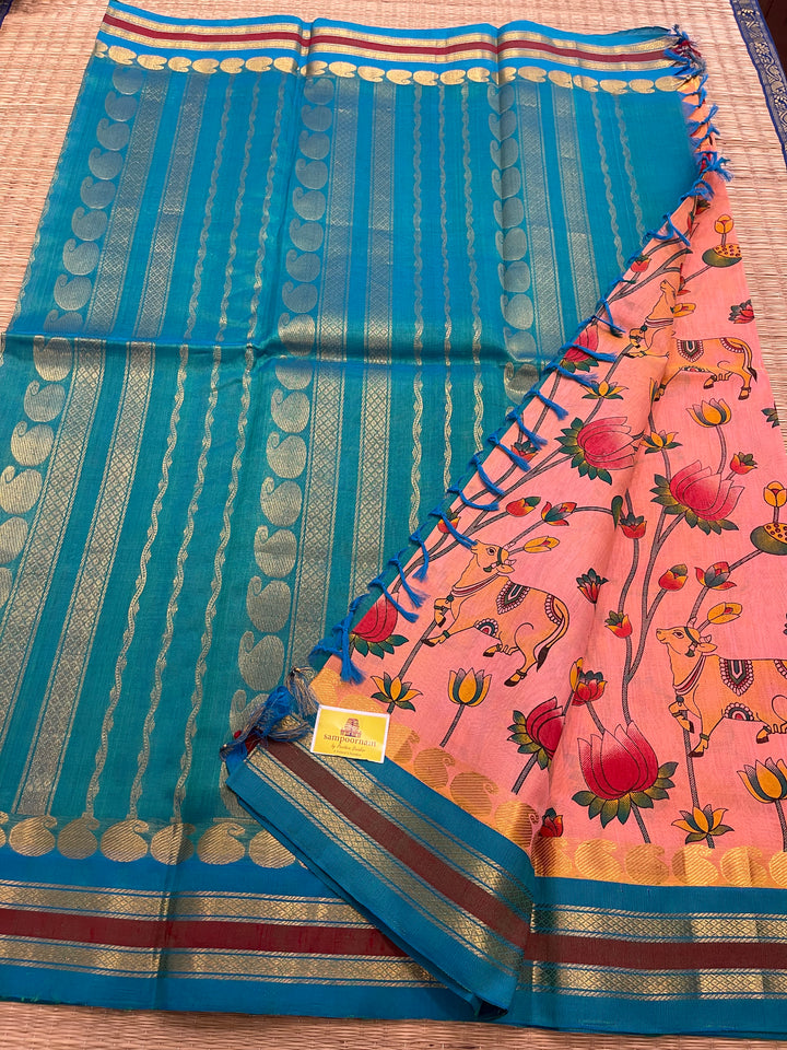 Pastel Pink With Blue Ganga Jamuna Border Pichwai Printed Korvai Silk Cotton Saree