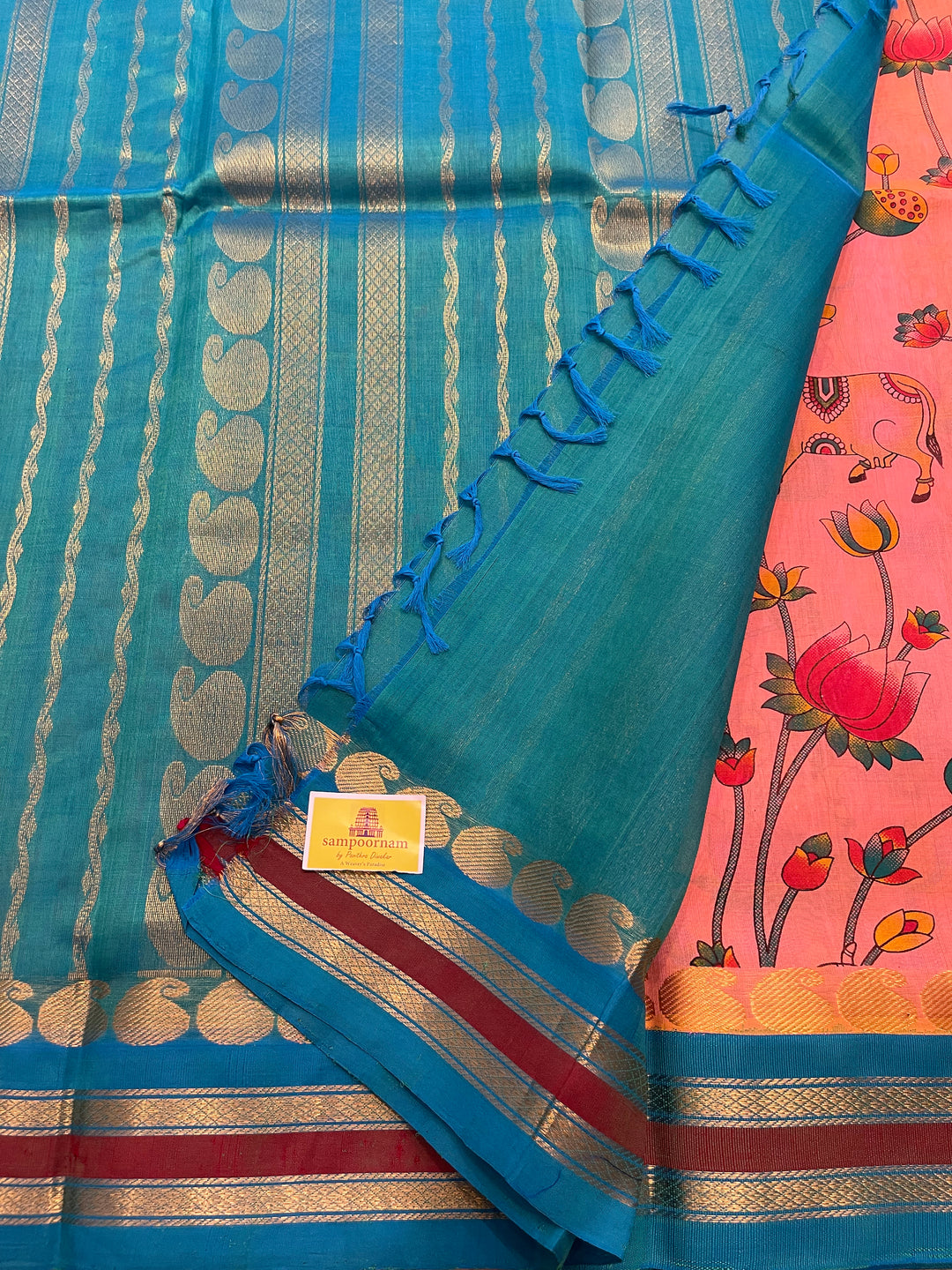 Pastel Pink With Blue Ganga Jamuna Border Pichwai Printed Korvai Silk Cotton Saree