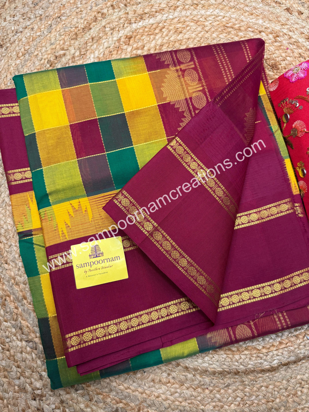 Green , Manjal , Maroon with Kumkum Red , Pallum  Pazham Checks , Temple design  rettapet borders and rich Pallu Silk Cotton Sarees