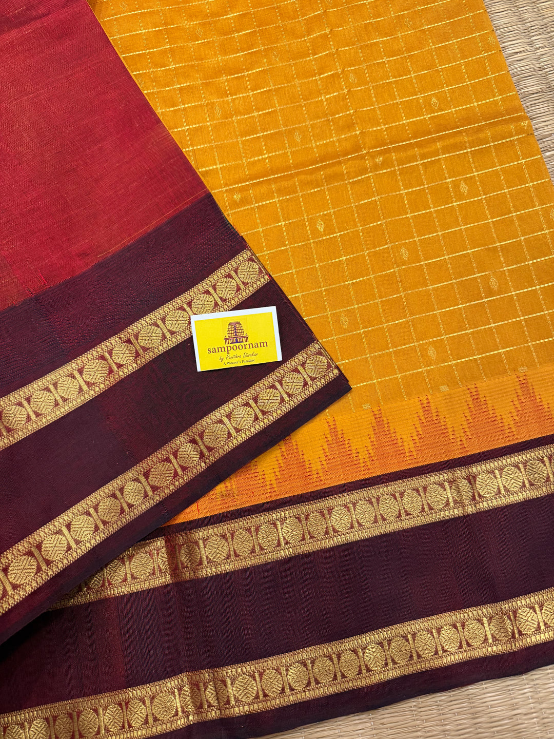 Manjal with Dark Maroon , traditional rettapet border , Zari kattam in the body with Zari butta , rich Pallu  Korvai Silk Cotton Saree