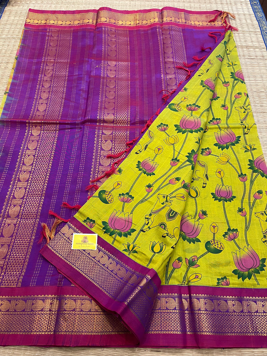 Green with Purple Pichwai Printed Korvai Silk Cotton Saree