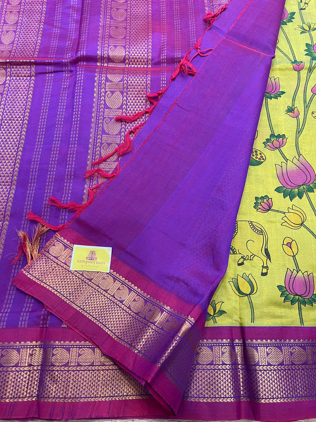 Green with Purple Pichwai Printed Korvai Silk Cotton Saree