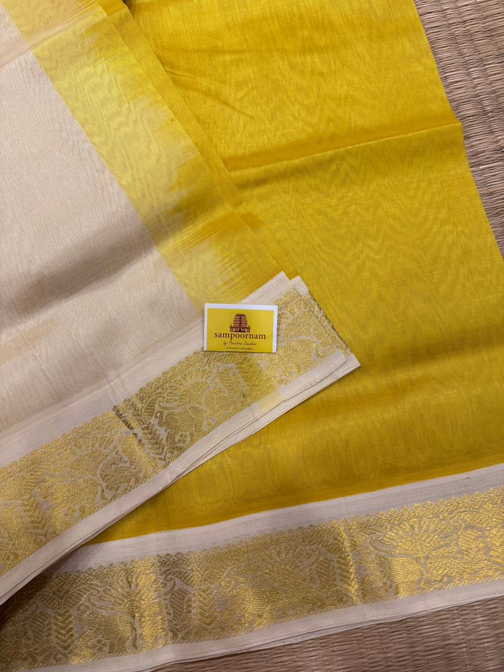 Yellow with Offwhite , traditional borders and rich Pallu Korvai Silk Cotton Saree
