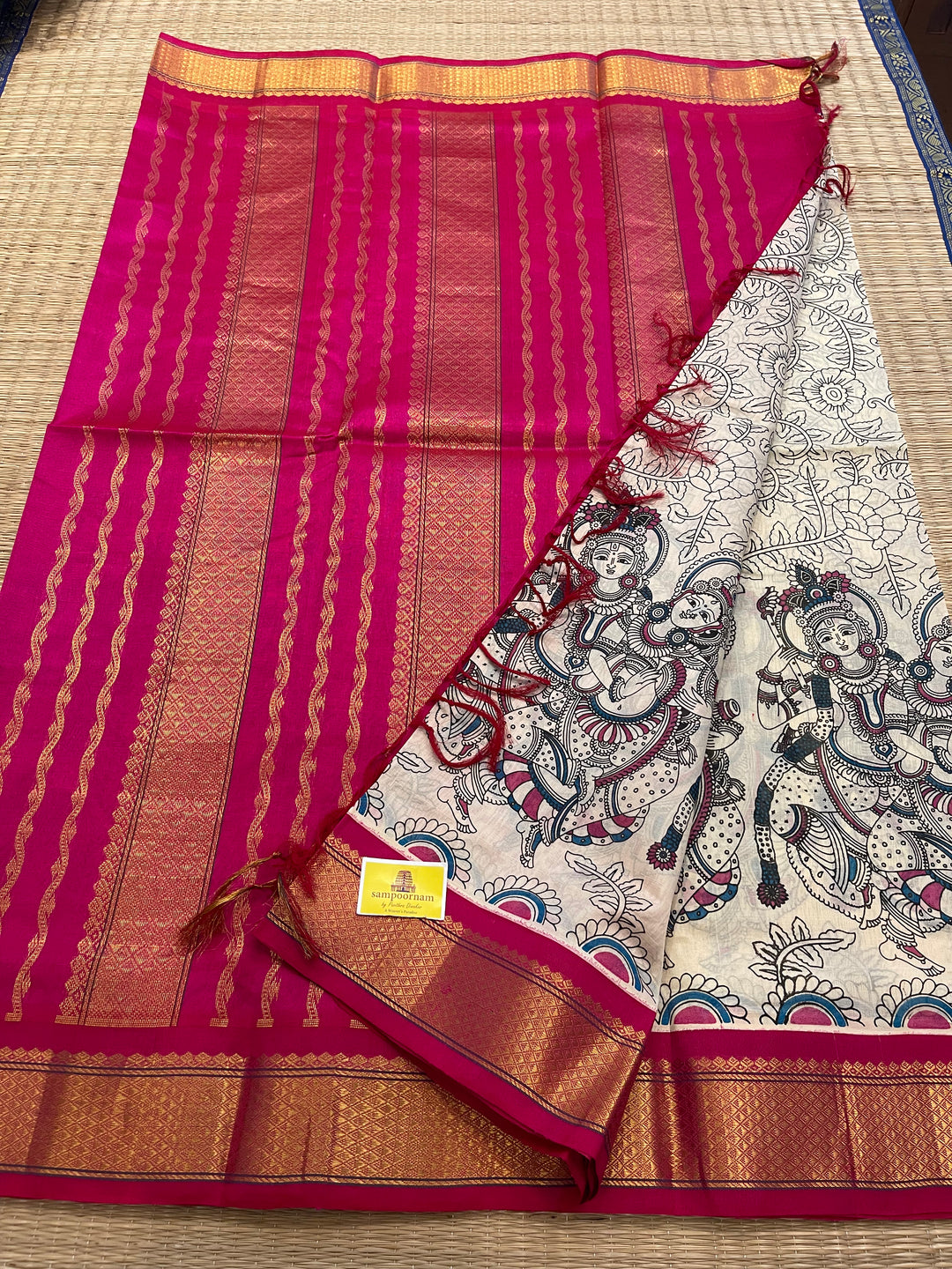 Offwhite with Pink Ganga Jamuna Border Radha Krishna Printed Korvai Silk Cotton Saree