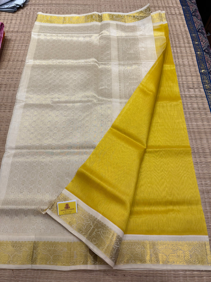 Yellow with Offwhite , traditional borders and rich Pallu Korvai Silk Cotton Saree