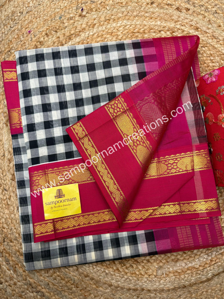 Black , White , with Pink , Pallum Pazham Checks  rettapet borders and rich Pallu Silk Cotton Sarees