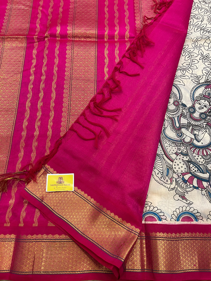 Offwhite with Pink Ganga Jamuna Border Radha Krishna Printed Korvai Silk Cotton Saree