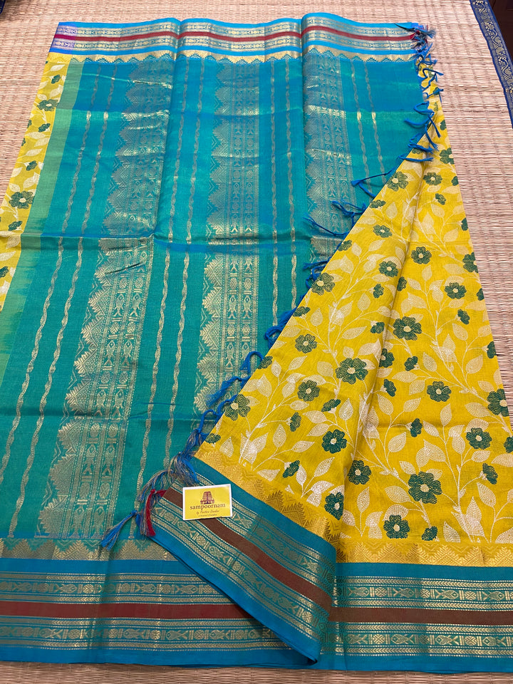 Yellow with Blue Kantha Printed Korvai Silk Cotton Saree