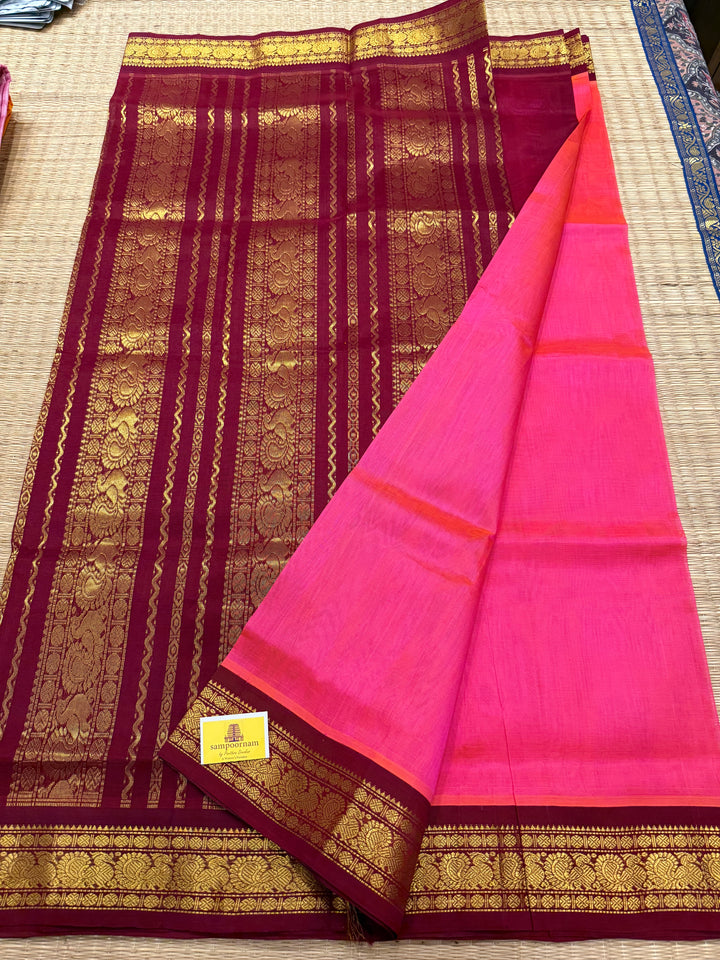 Lotus Pink With Araku , traditional borders and rich Pallu Korvai Silk Cotton Saree