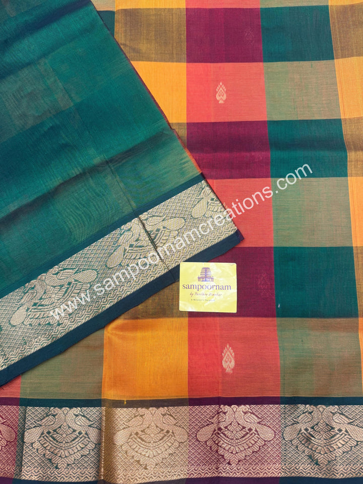 Manjal ,Green , purple with Green , Pallum Pazham Checks with rich butta , traditional borders and rich Pallu Silk Cotton Sarees