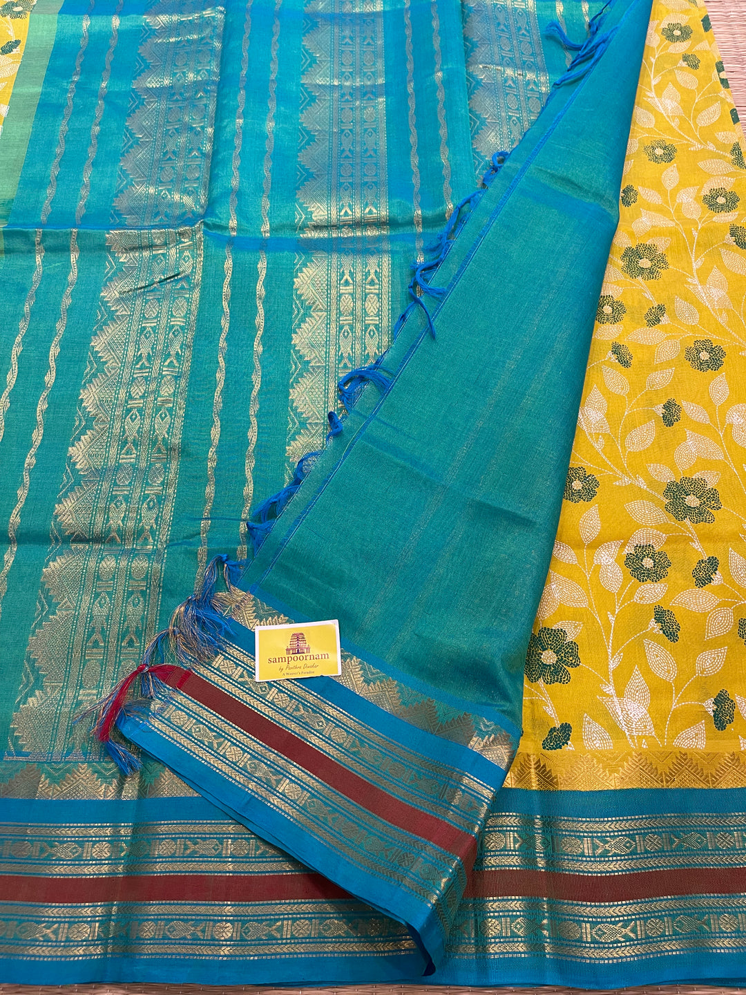 Yellow with Blue Kantha Printed Korvai Silk Cotton Saree