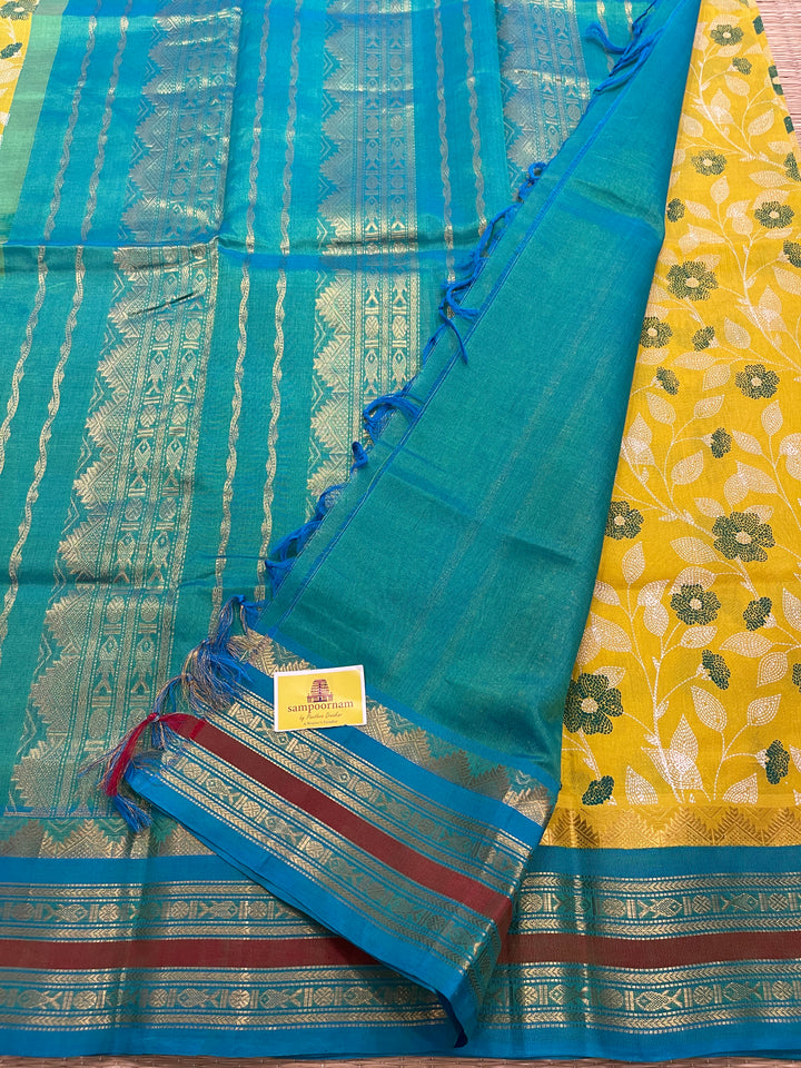 Yellow with Blue Kantha Printed Korvai Silk Cotton Saree