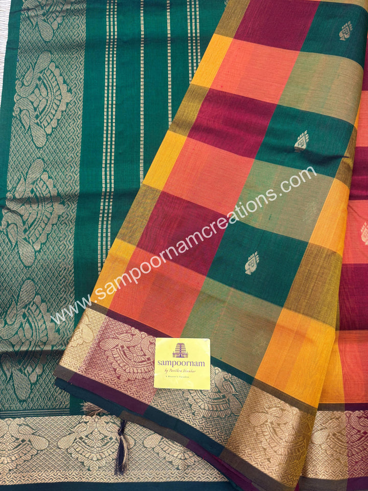 Green , Manjal , Red with Green , Pallum Pazham Checks with rich butta , traditional borders and rich Pallu Silk Cotton Sarees
