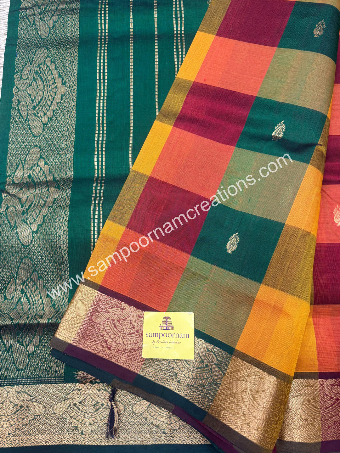 Manjal ,Green , purple with Green , Pallum Pazham Checks with rich butta , traditional borders and rich Pallu Silk Cotton Sarees