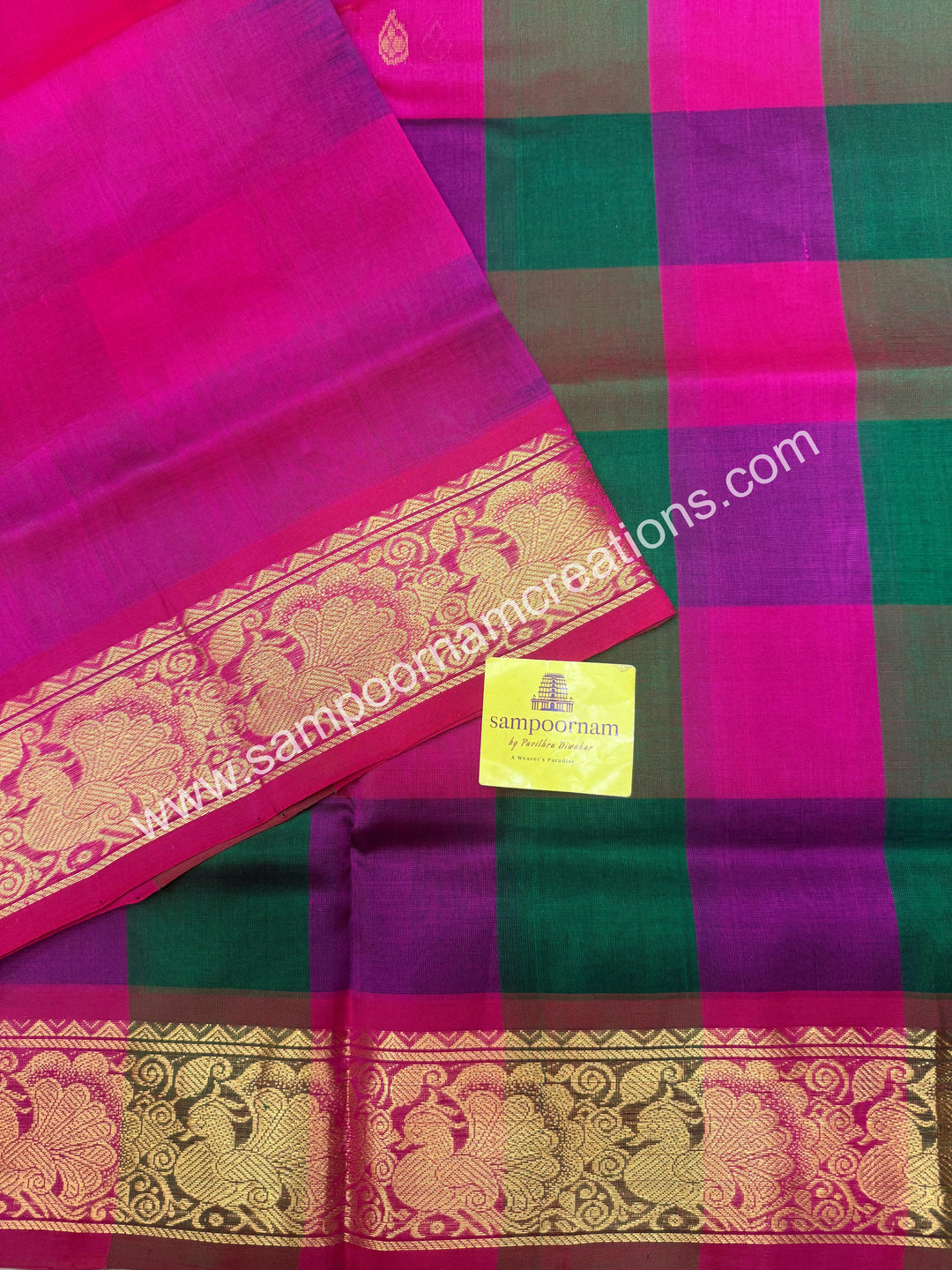Pink , Green , Magenta with Pink , Pallum Pazham Checks with rich butta , traditional borders and rich Pallu Silk Cotton Sarees