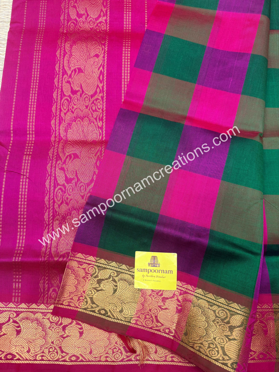 Pink , Green , Magenta with Pink , Pallum Pazham Checks with rich butta , traditional borders and rich Pallu Silk Cotton Sarees