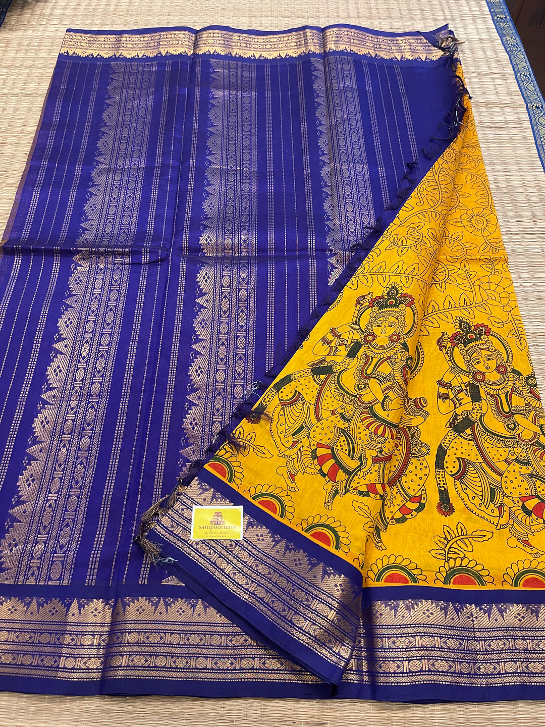 Mambazha Manjal with Blue Radha Krishna Printed Korvai Silk Cotton Saree