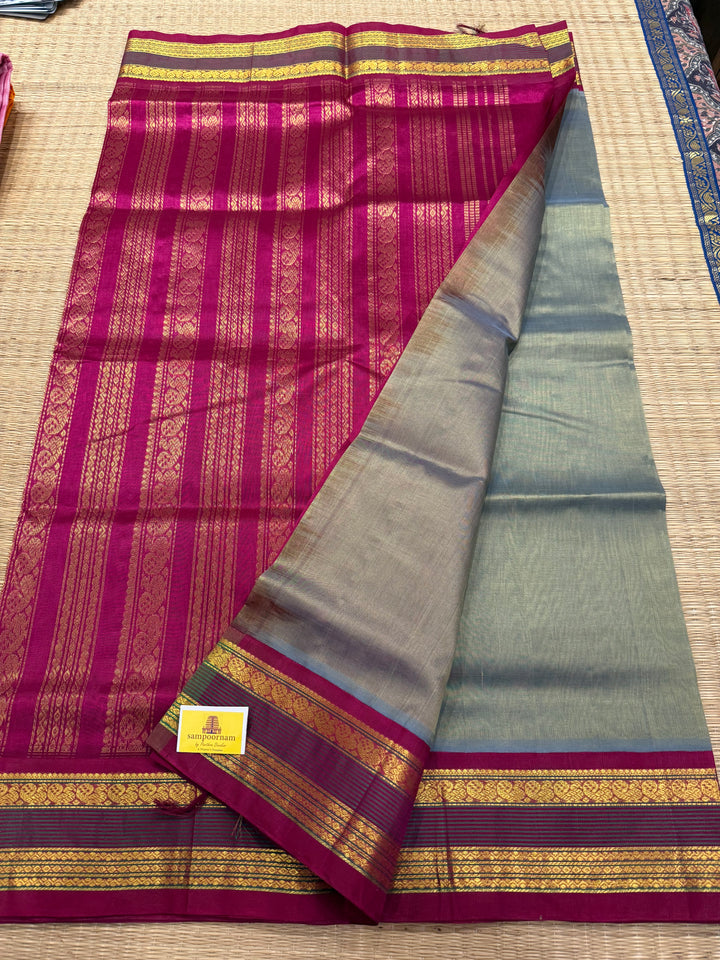 Sage Green with Magenta , traditional Kanchi borders  and rich Pallu  Korvai Silk Cotton Saree
