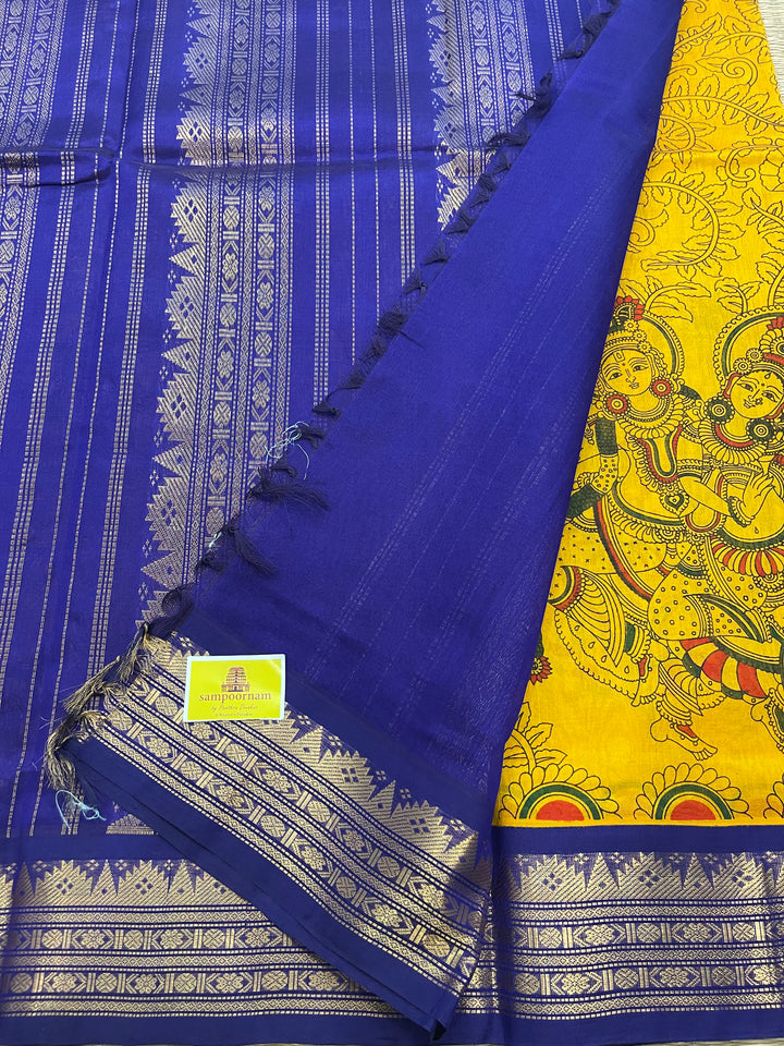 Mambazha Manjal with Blue Radha Krishna Printed Korvai Silk Cotton Saree