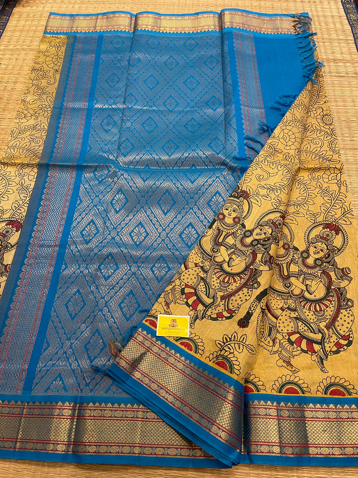 Biscuit with Blue Radha Krishna Printed Korvai Silk Cotton Saree