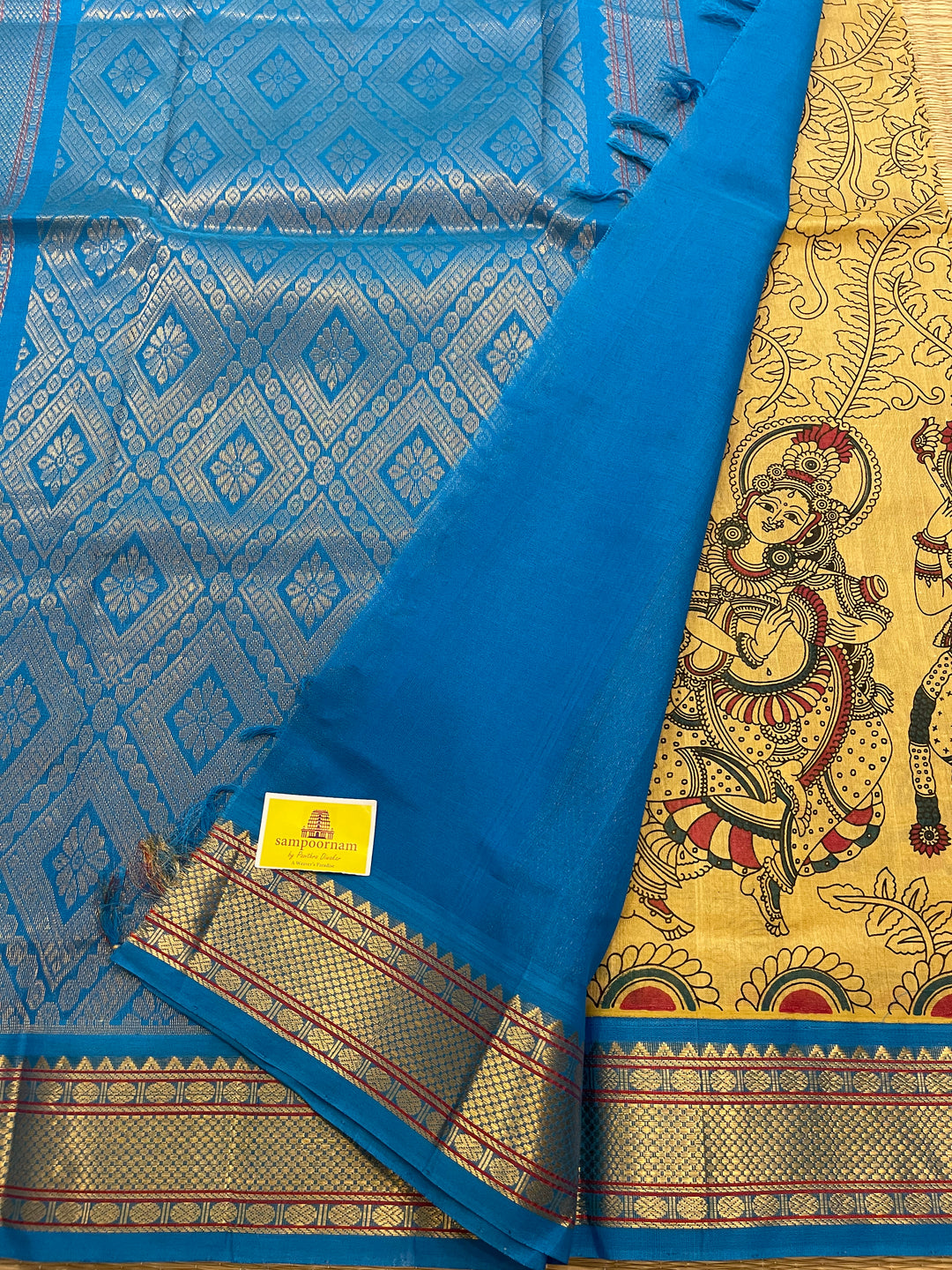 Biscuit with Blue Radha Krishna Printed Korvai Silk Cotton Saree