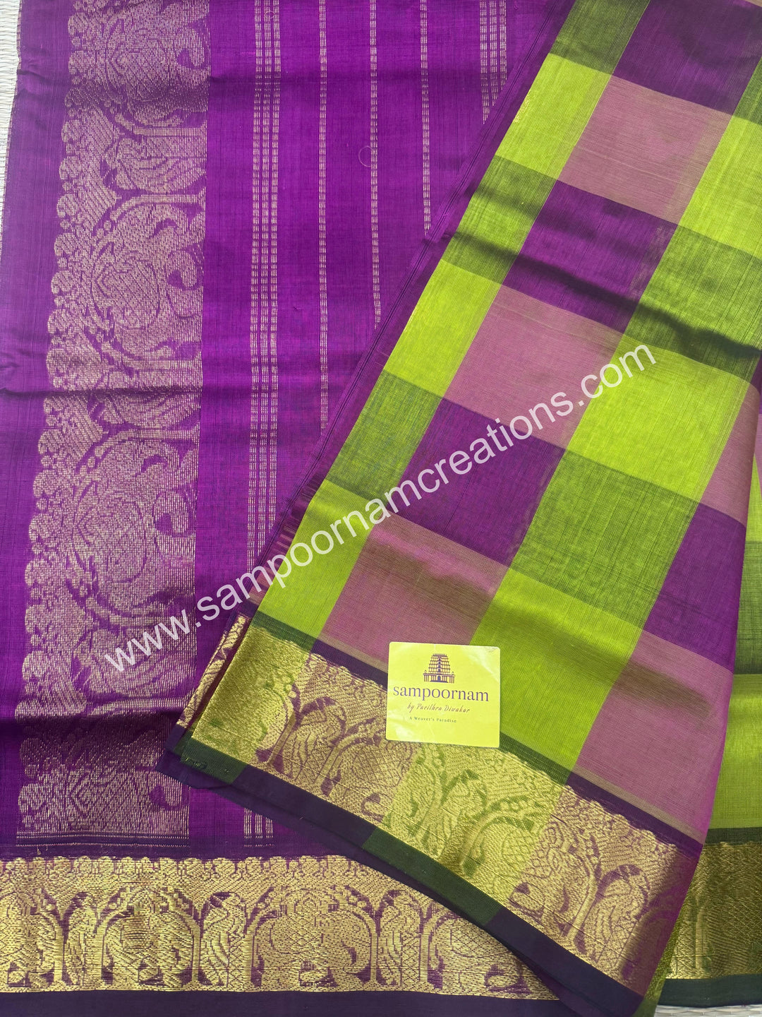 Green , Magenta , Maroon with Magenta , , Pallum Pazham Checks with rich butta , traditional borders and rich Pallu Silk Cotton Sarees