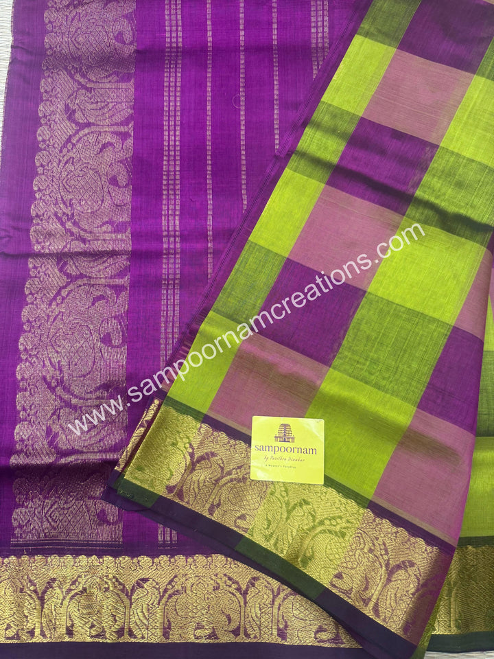Green , Magenta , Maroon with Magenta , , Pallum Pazham Checks with rich butta , traditional borders and rich Pallu Silk Cotton Sarees