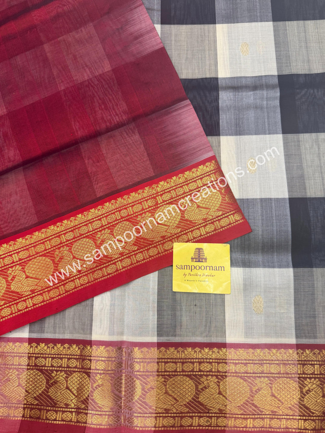 Black, White, Grey with Maroon , Pallum Pazham Checks with rich butta , traditional borders and rich Pallu Silk Cotton Sarees