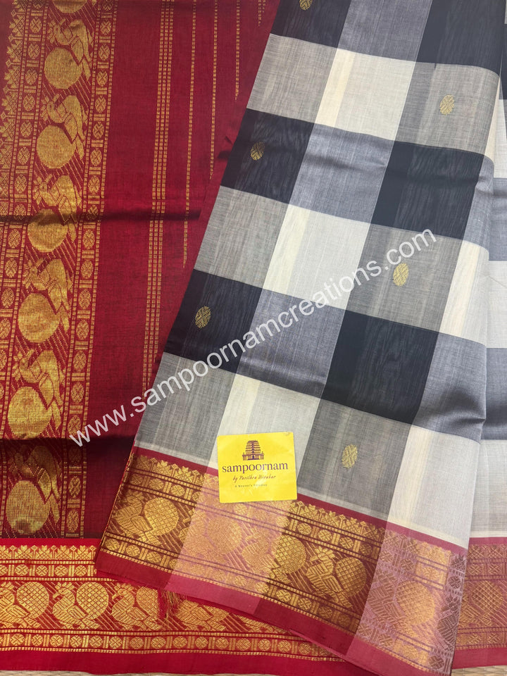 Black, White, Grey with Maroon , Pallum Pazham Checks with rich butta , traditional borders and rich Pallu Silk Cotton Sarees