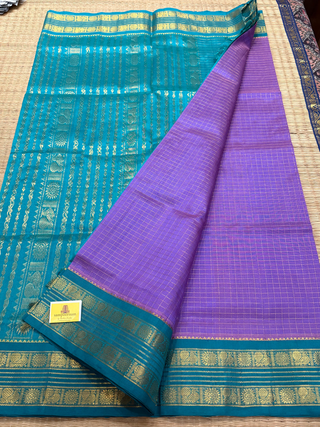 Lavender with Turquoise Blue Zari Kattam in the body , rettapet traditional border and rich Pallu  Korvai Silk Cotton Saree