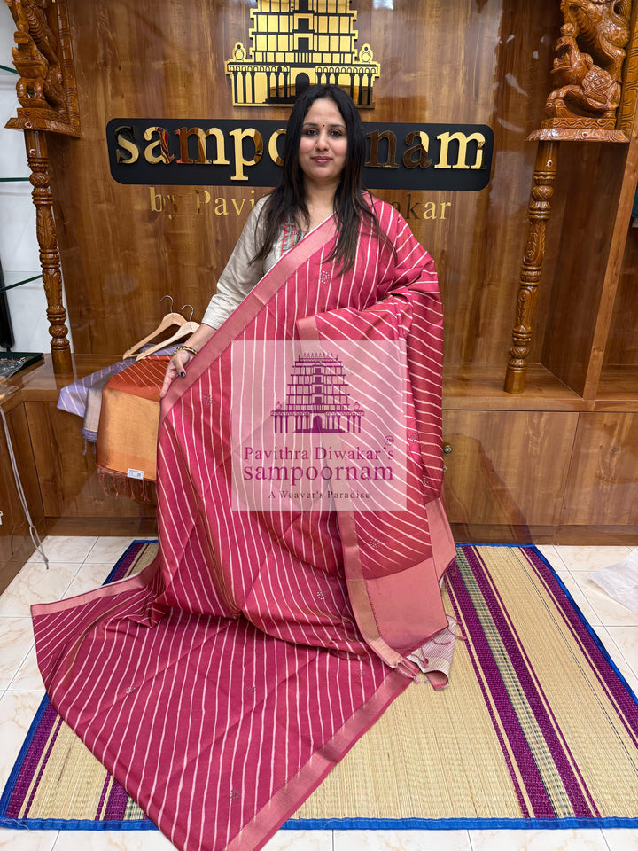 Deep Red with Lehariya prints and small embroided mirror work in the body and border, tissue borders and pallu, VEGAN Saree