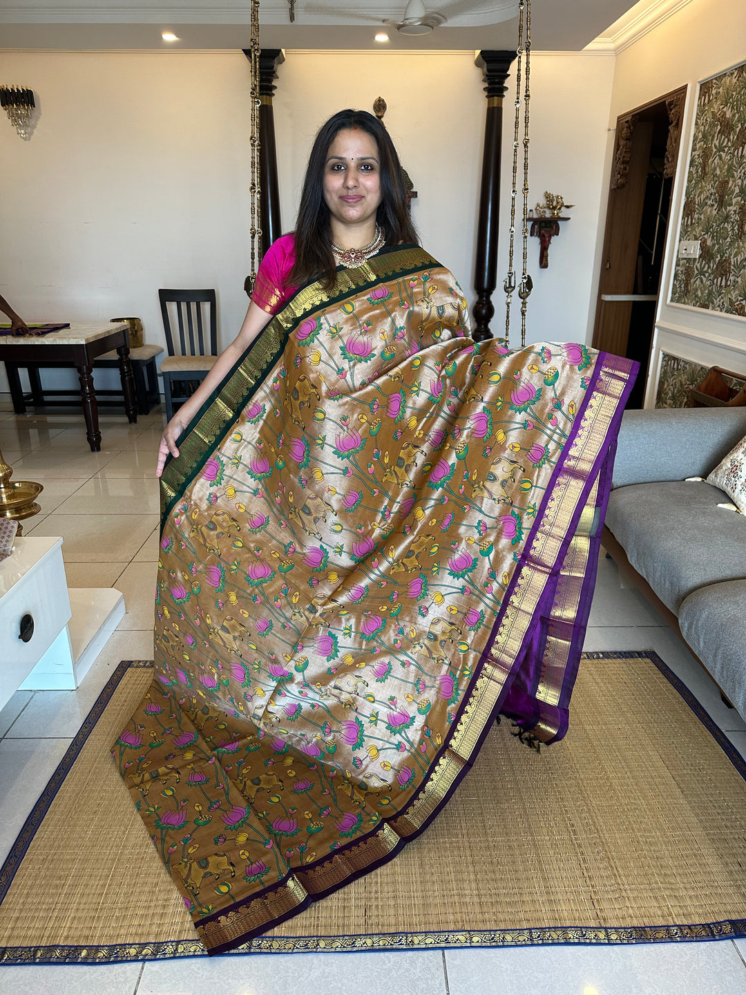 Light Gold With Purple Ganga Jamuna Border Pichwai Printed Korvai Silk Cotton Saree