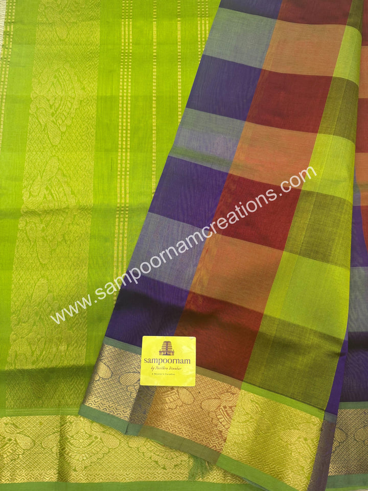 Maroon , Purple , Green with Green , Pallum Pazham Checks with rich butta , traditional borders and rich Pallu Silk Cotton Sarees